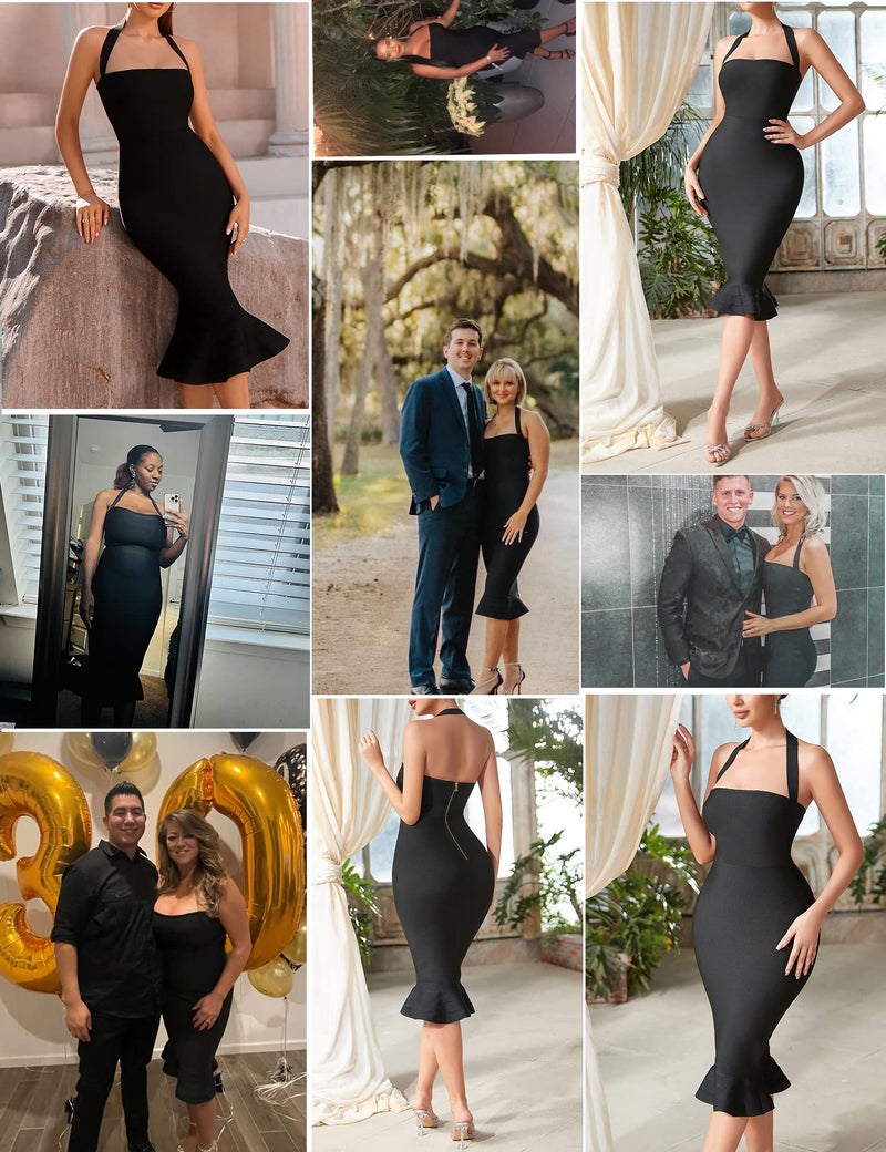 Meilun Womens Halter Fishtail Bandage Party Dress Elegant Wedding Guest Dress(Black,XL) - Image 2